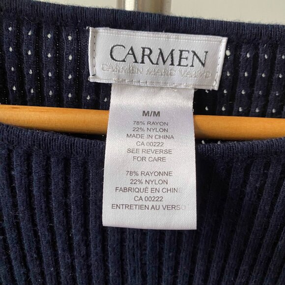 🍂 Navy Ribbed Flared A-Line Short Sleeves Open Knit Top Round Neckline - Picture 2 of 7